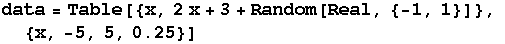 RowBox[{data, =, RowBox[{Table, [, RowBox[{{x, 2 x + 3 + Random[Real, {-1, 1}]}, ,, , RowBox[{{, RowBox[{x, ,, -5, ,, 5, ,, 0.25}], }}]}], ]}]}]