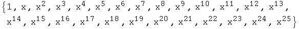 {1, x, x^2, x^3, x^4, x^5, x^6, x^7, x^8, x^9, x^10, x^11, x^12, x^13, x^14, x^15, x^16, x^17, x^18, x^19, x^20, x^21, x^22, x^23, x^24, x^25}