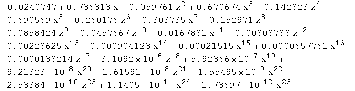 RowBox[{RowBox[{-, 0.0240747}], +, RowBox[{0.736313,  , x}], +, RowBox[{0.059761,  , x^2}], +, ... 384*10^-10,  , x^23}], +, RowBox[{1.1405*10^-11,  , x^24}], -, RowBox[{1.73697*10^-12,  , x^25}]}]