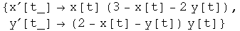 {x^′[t_] x[t] (3 - x[t] - 2 y[t]), y^′[t_]  (2 - x[t] - y[t]) y[t]}