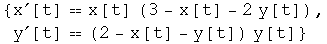 {x^′[t] x[t] (3 - x[t] - 2 y[t]), y^′[t]  (2 - x[t] - y[t]) y[t]}
