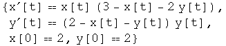 {x^′[t] x[t] (3 - x[t] - 2 y[t]), y^′[t]  (2 - x[t] - y[t]) y[t], x[0] 2, y[0] 2}