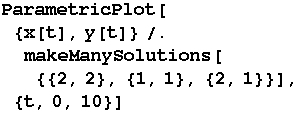 ParametricPlot[{x[t], y[t]}/.makeManySolutions[{{2, 2}, {1, 1}, {2, 1}}],  {t, 0, 10}]