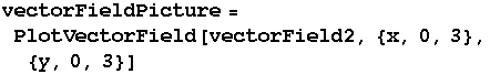 vectorFieldPicture = PlotVectorField[vectorField2, {x, 0, 3}, {y, 0, 3}]